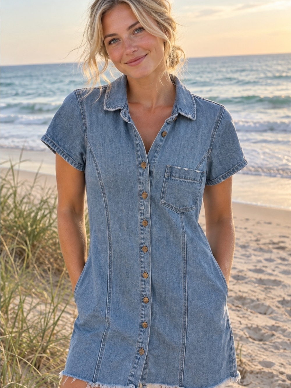 Mumu Blue Blue Denim Short-Sleeve Button-Front Shirt Dress